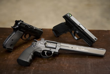 ASG CZ75D Compact semi-auto, Steyr Mannlicher M9-A1 semi-auto and Dan Wesson 8” revolver