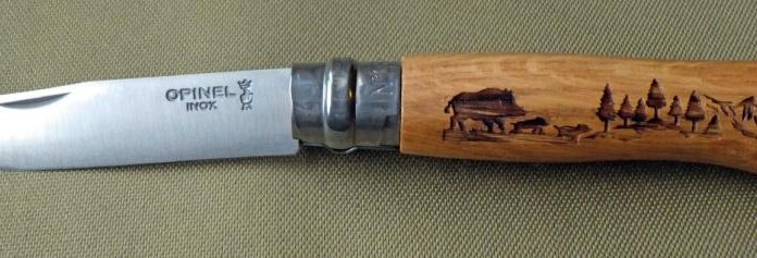 Opinel Animalia No.8 Knife Engraved Oak Handle 8.5cm Stainless Steel Blade  