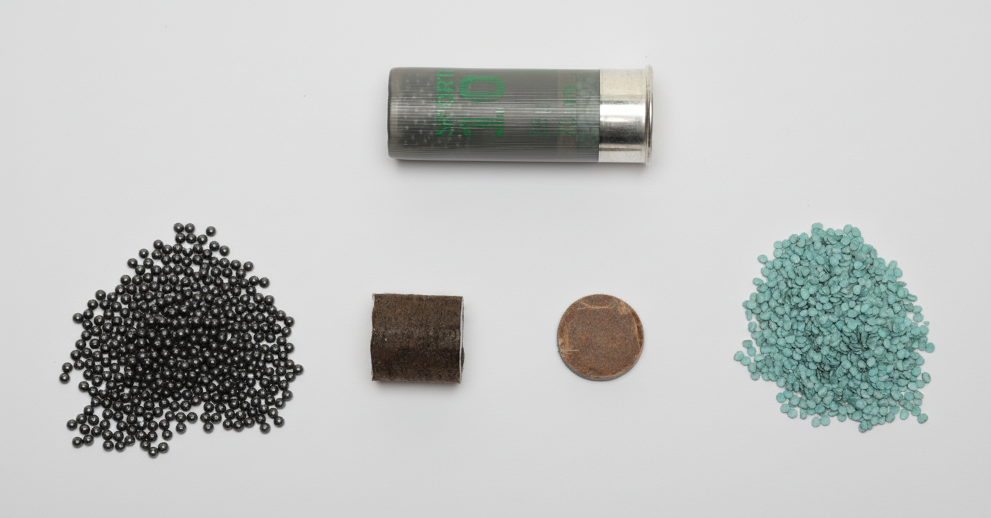 The components of the Hull Sporting 100 cartridge: graphite shot, fibre wad, and powder.