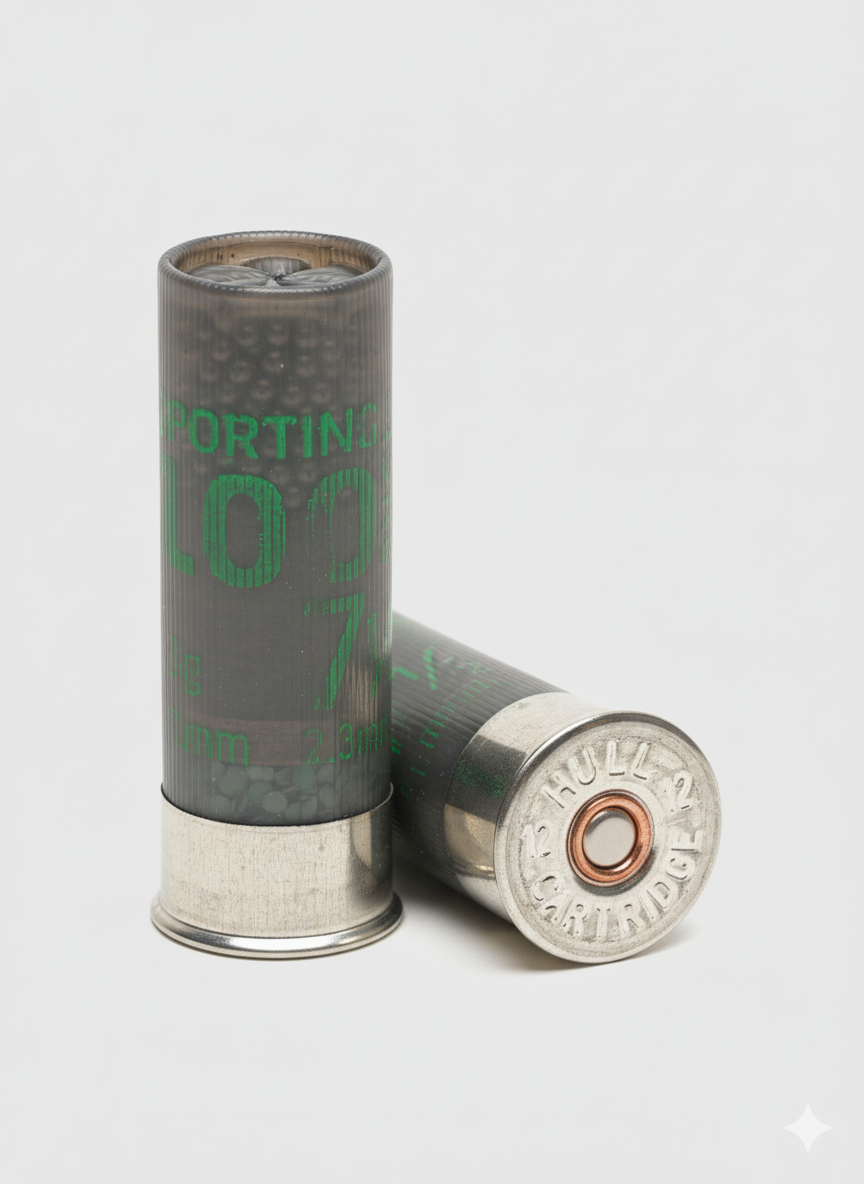 A close-up of the Sporting 100 cartridge showing the semi-translucent grey casing and lime-green lettering.