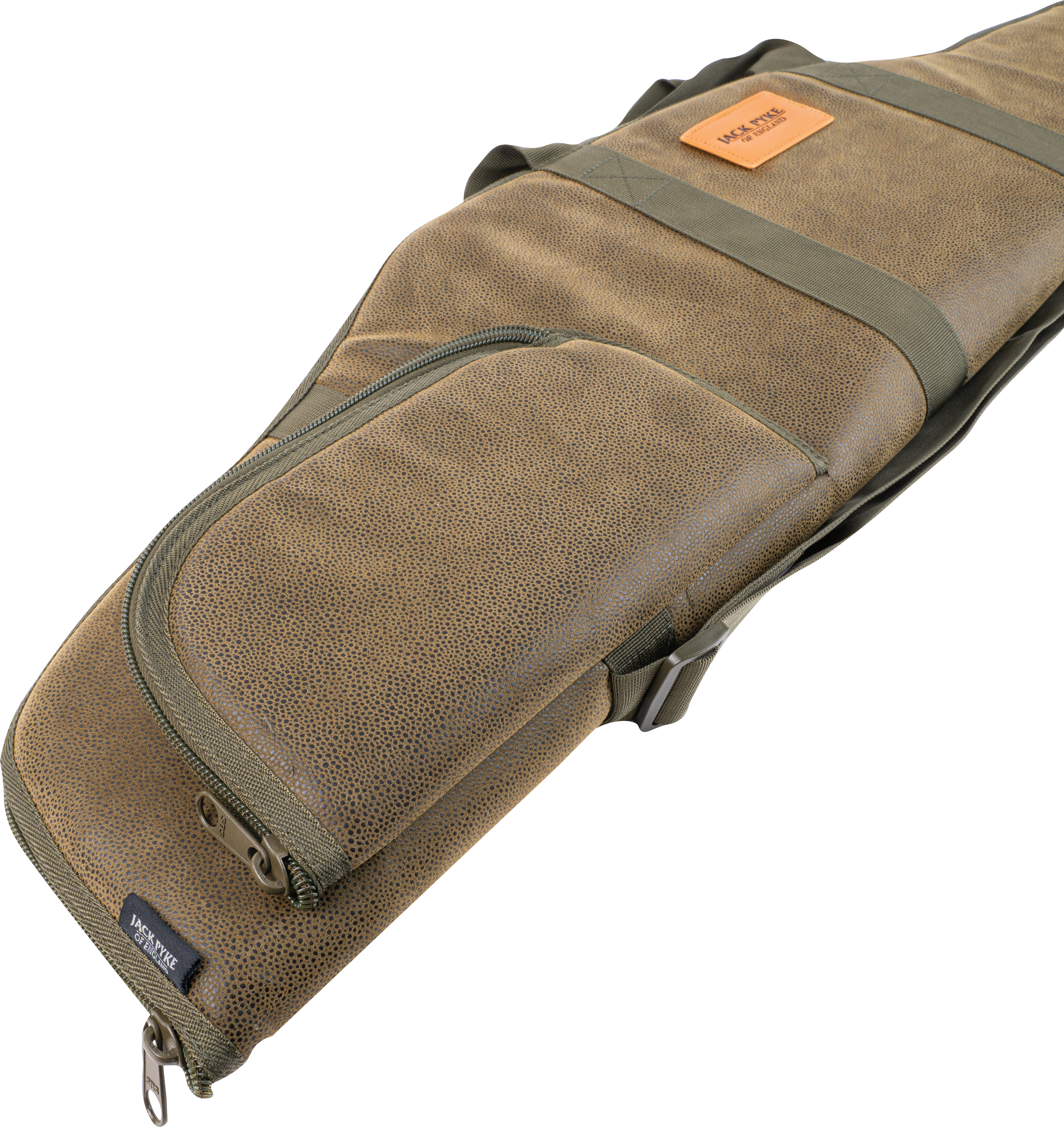 Close-up of the leather muzzle cap on the Jack Pyke rifle slip, showing protective detail.