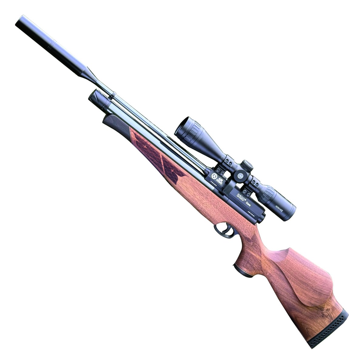 Air Arms S510 Core regulated PCP air rifle with walnut sporter stock and sound moderator