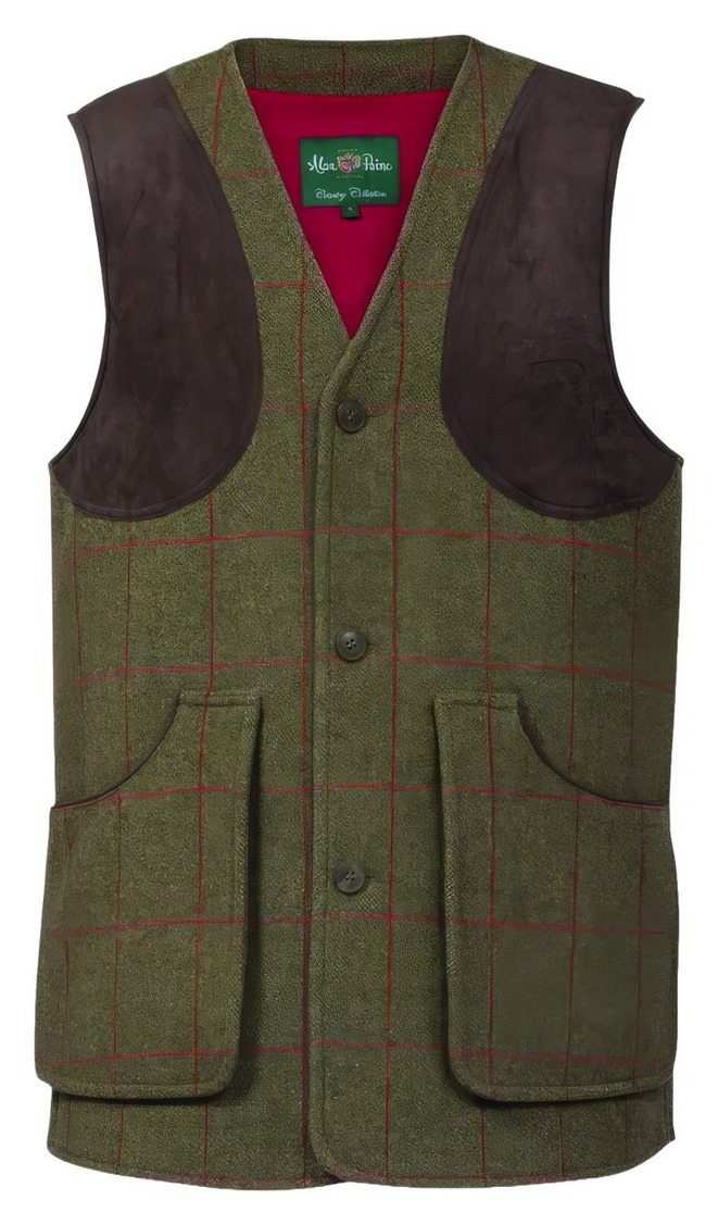Alan Paine Combrook tweed shooting waistcoat for men, with suede shoulder patches