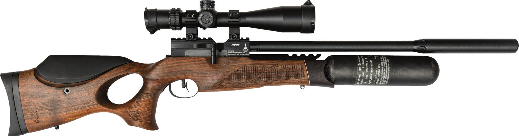 BSA R12 CLX Pro PCP air rifle with walnut thumbhole stock