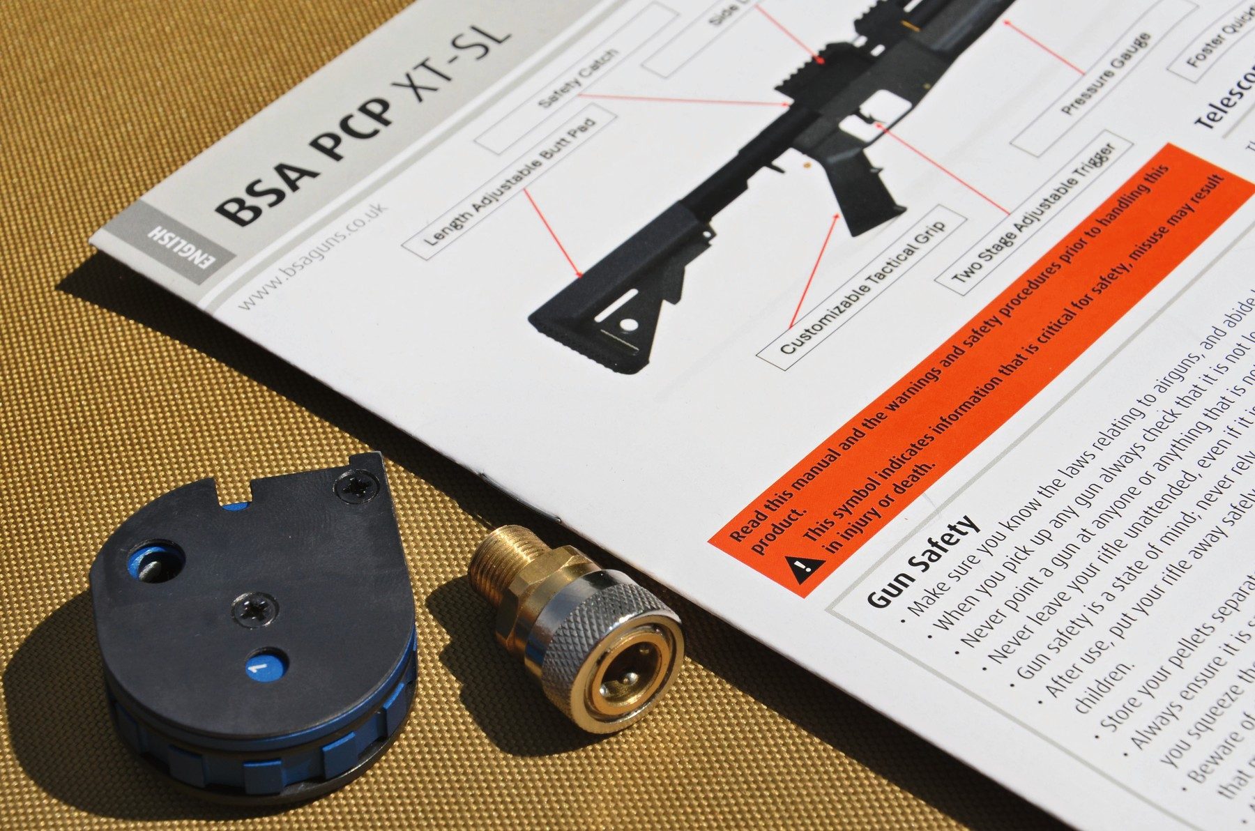 The BSA XT-SL 12-shot magazine alongside a Foster filling adaptor, which is not included