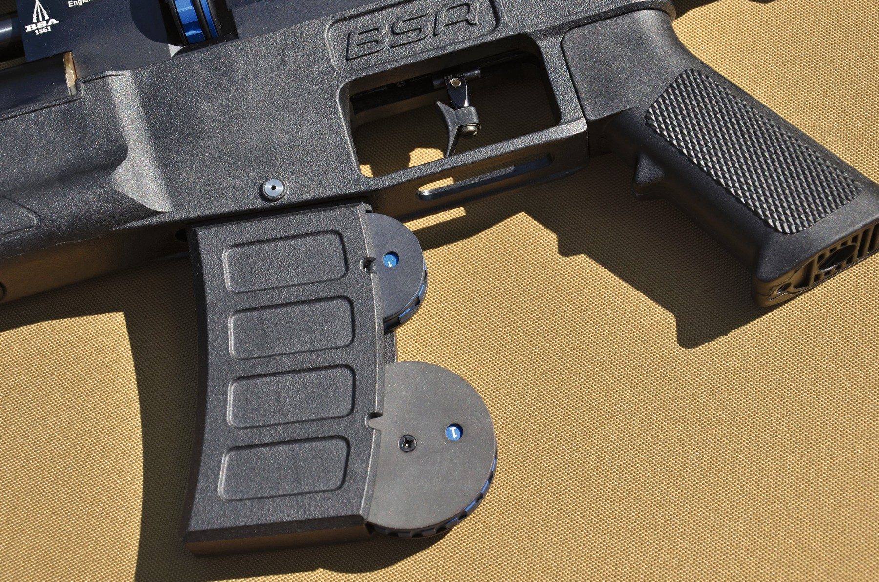 The optional magazine stick fitted to the BSA XT-SL, which changes the profile of the rifle considerably