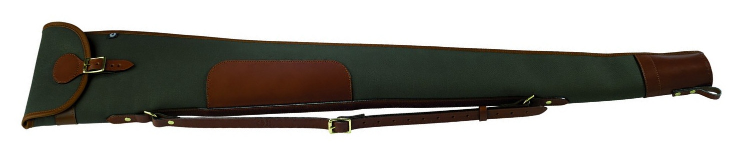 Croots Rosedale canvas shotgun slip in green with bridle leather straps and brass buckles