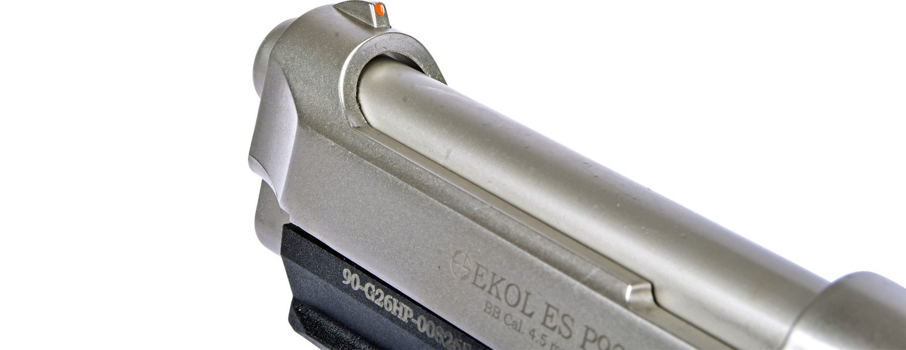 The front sight post of the Ekol ESP92B carrying a small orange dot