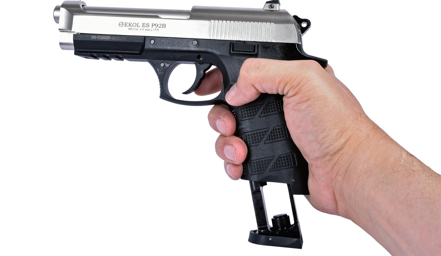 Depressing the magazine release button on the grip of the Ekol ESP92B CO2 pistol
