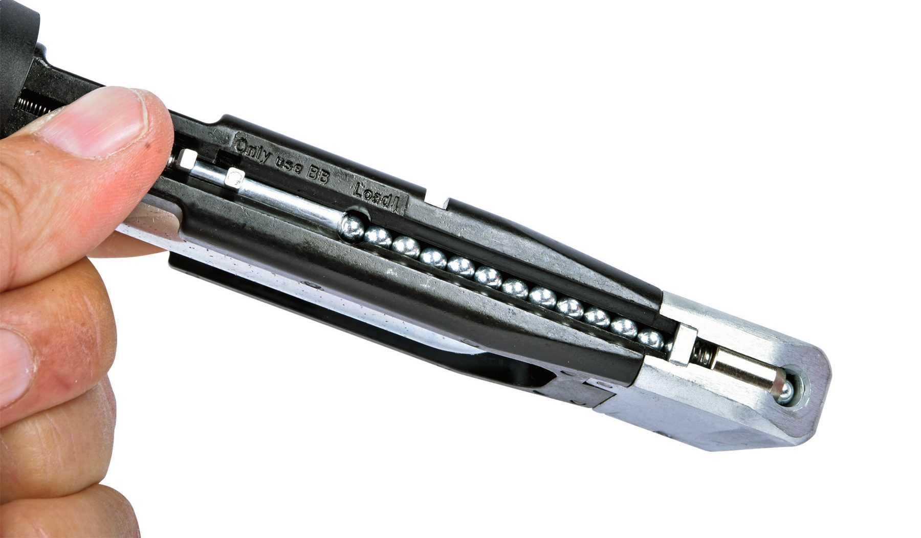 The Ekol ESP92B magazine with the metal tab slid across to lock the spring in place