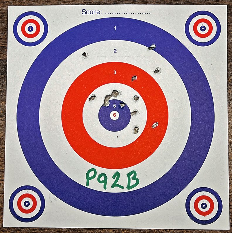 A target card shot with the Ekol ESP92B at 7m, marked P92B