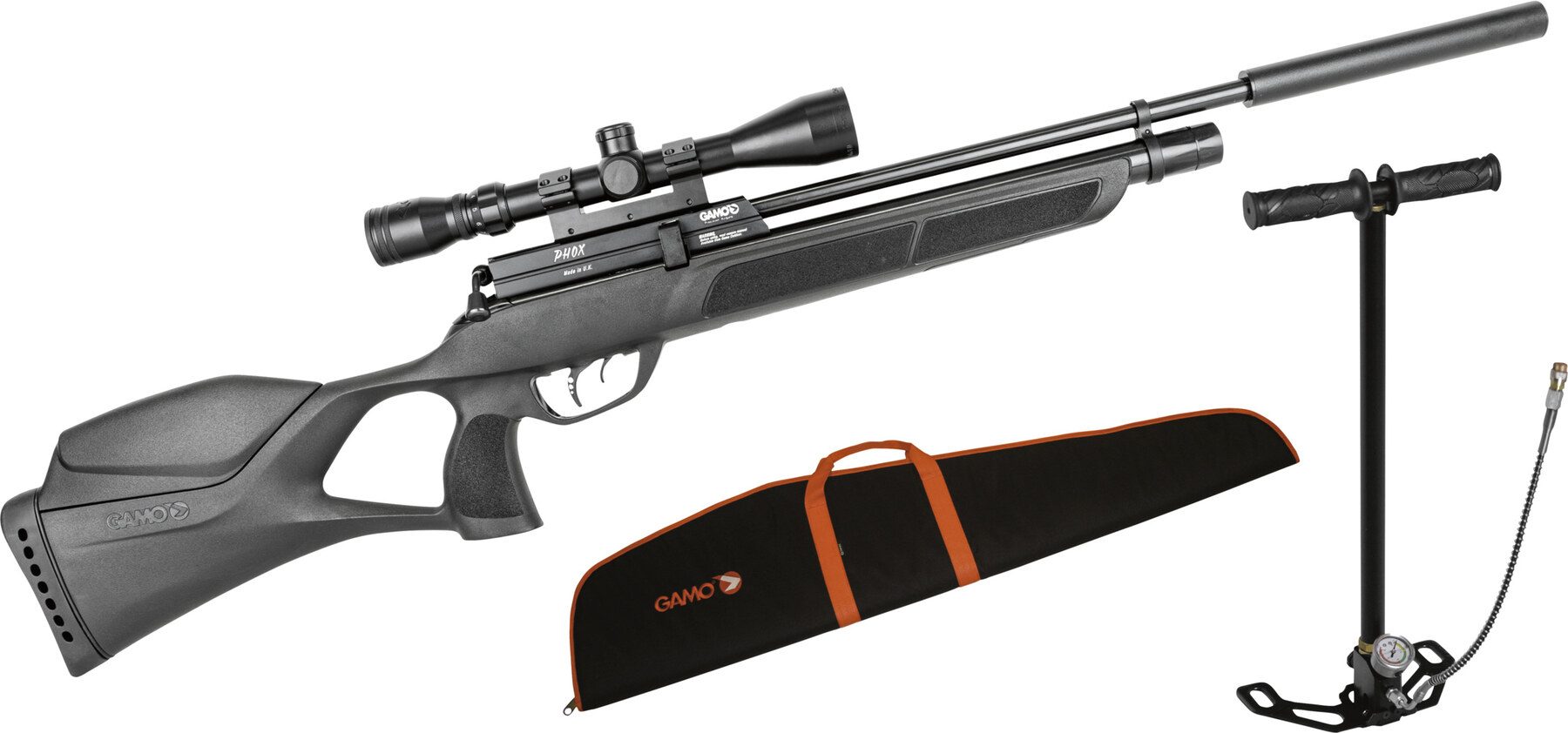 Gamo Phox Mk2 PCP air rifle package with scope, moderator, hand pump and case