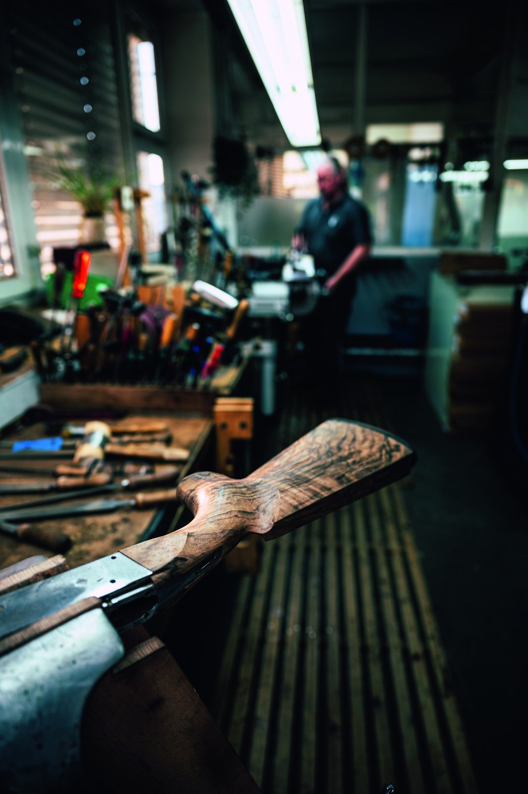 A part-shaped Krieghoff K-80 walnut stock on the bench in the stocking workshop at Ulm