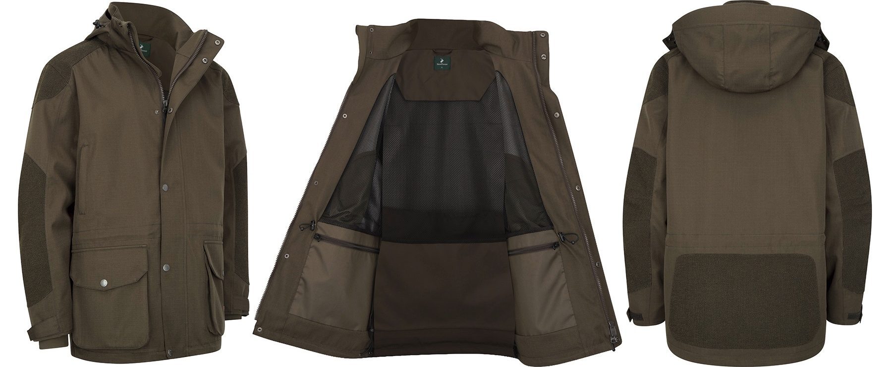 Front, open and rear views of the New Forest Hawthorn jacket showing the mesh liner, zipped inner pockets and game pocket