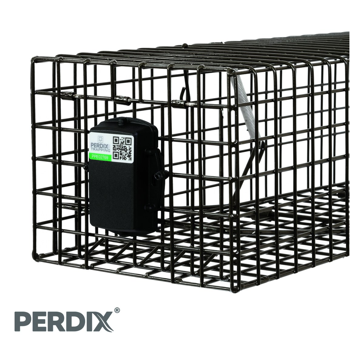 Perdix PerdixPro 4G LPWA trap tag mounted inside a black mesh cage trap