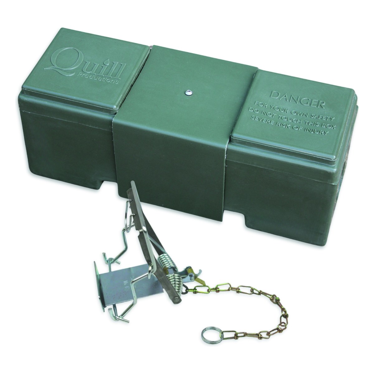 Quill dark green fishmeal-impregnated vermin trap box with a Mk4 Fenn spring trap alongside