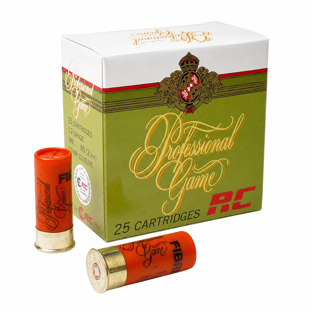 RC Professional Game 12-bore cartridges beside their green and white box