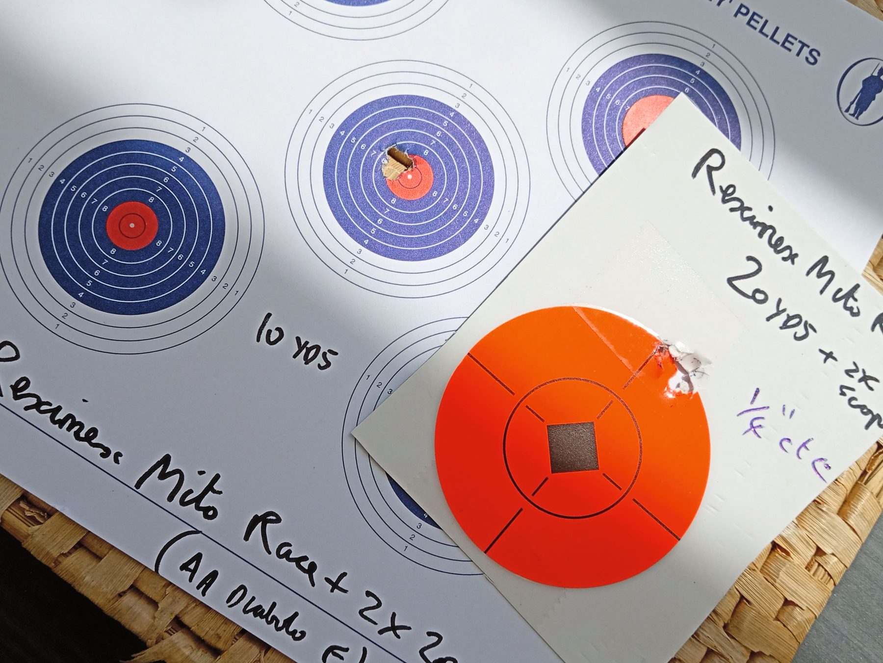Test targets shot with the Reximex Mito Race at 10 and 20 yards using Air Arms Diabolo Field pellets