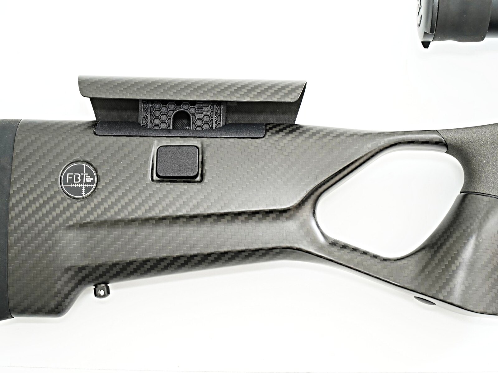Carbon fibre thumbhole stock and adjustable cheekpiece on the Savage 110 FBT Hunter