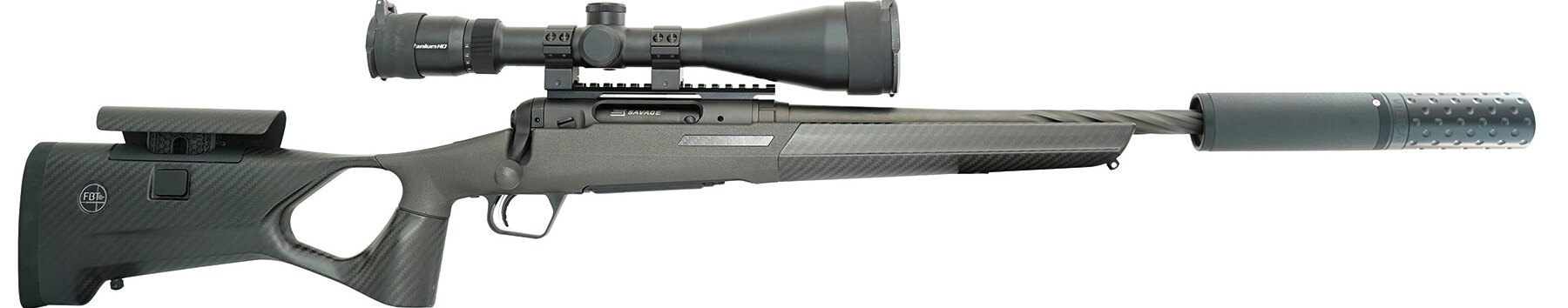 Savage 110 FBT Hunter rifle with scope and moderator fitted