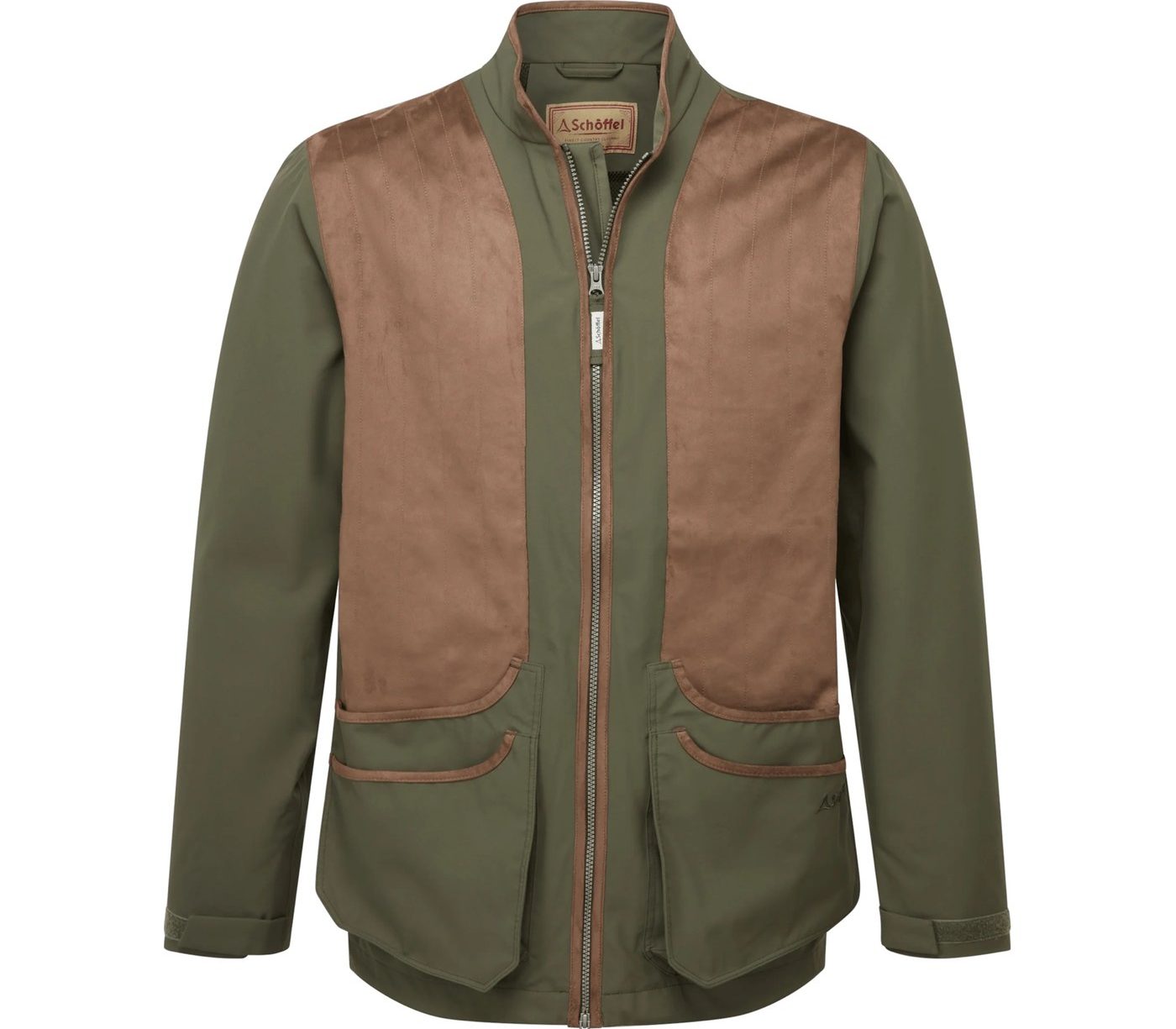 Schoffel Country Grimsthorpe clay shooting jacket in green with suede shoulder panels