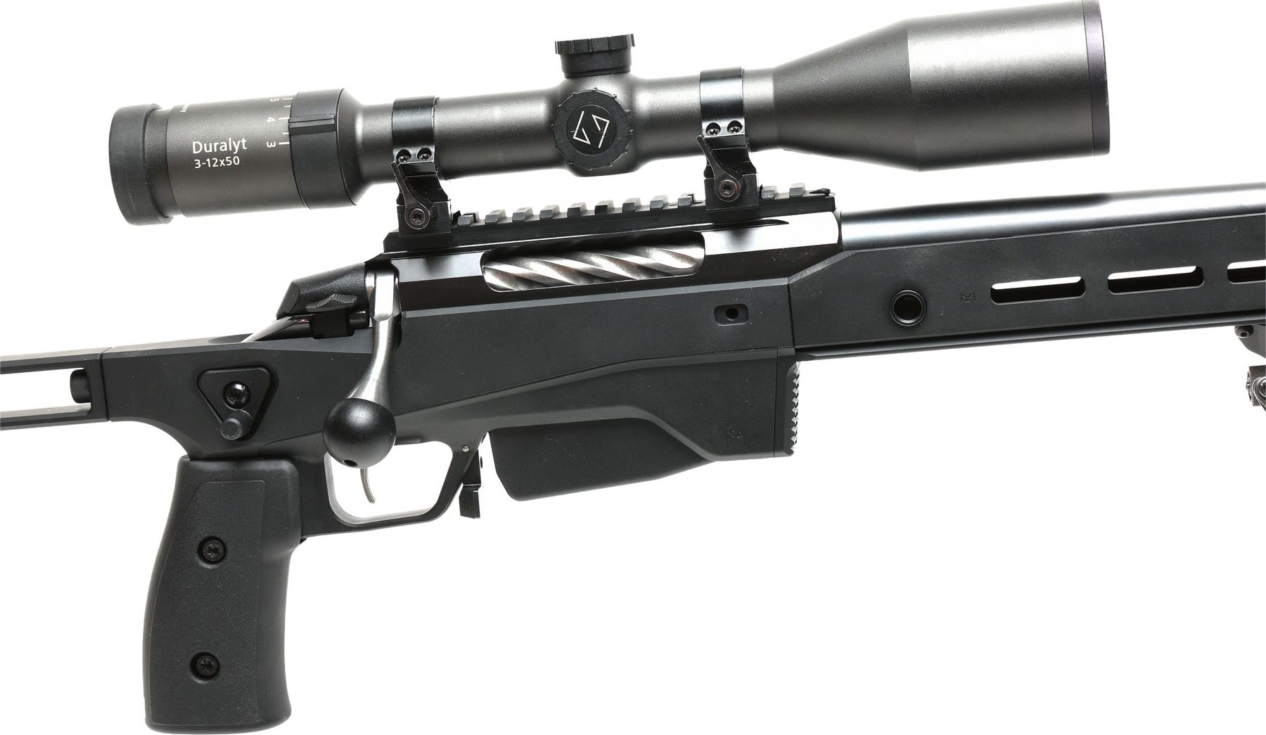 Side view of the Tikka T3x action and scope seated in the black anodised Ace Game chassis