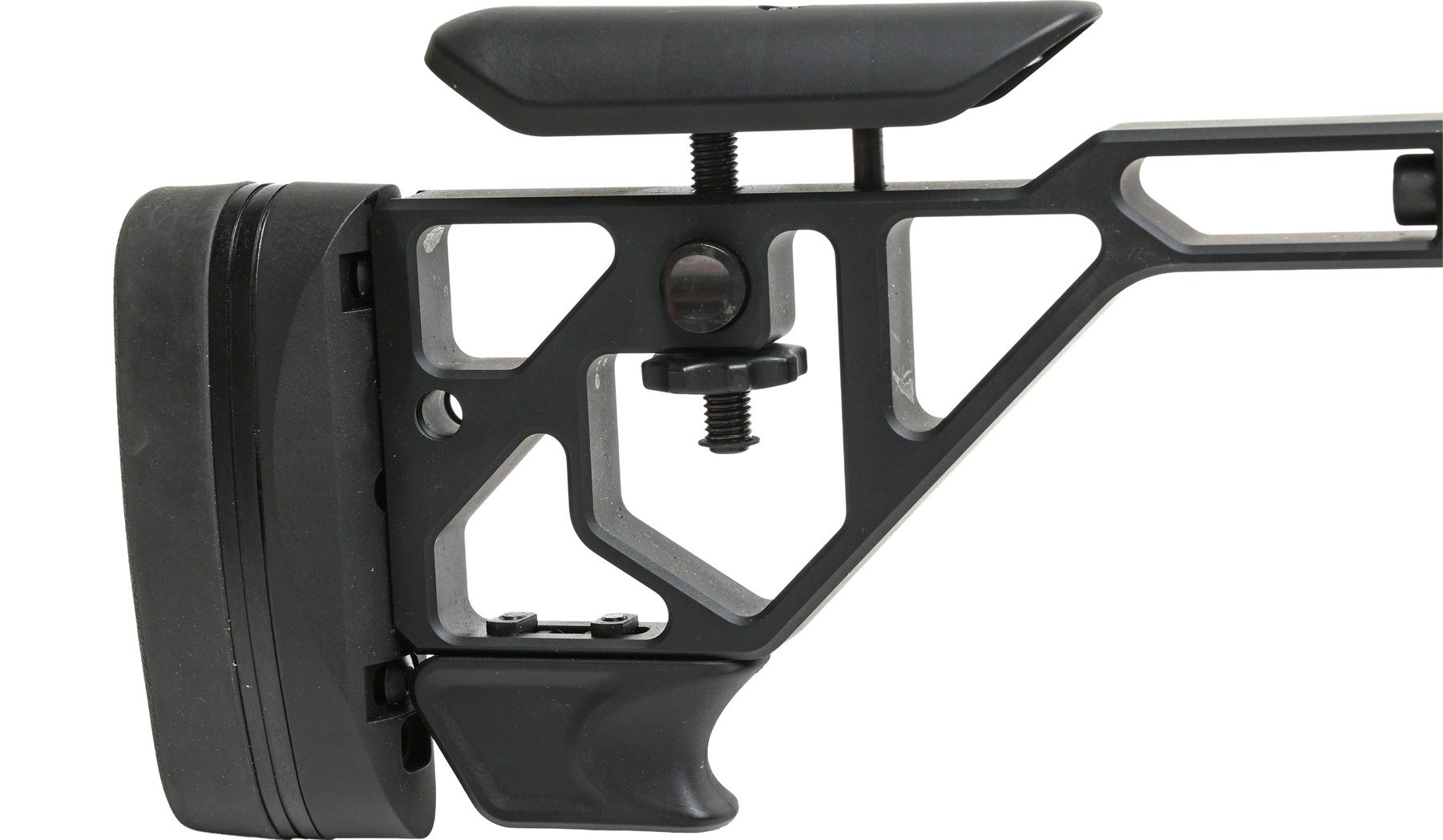The skeletal rear of the Tikka T3x Ace Game chassis with its adjustable cheekpiece and trapezoid weight cut-outs