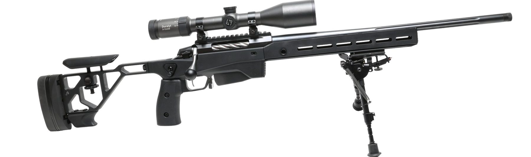 Tikka T3x Ace Game chassis hunting rifle with scope, moderator and bipod on a white background