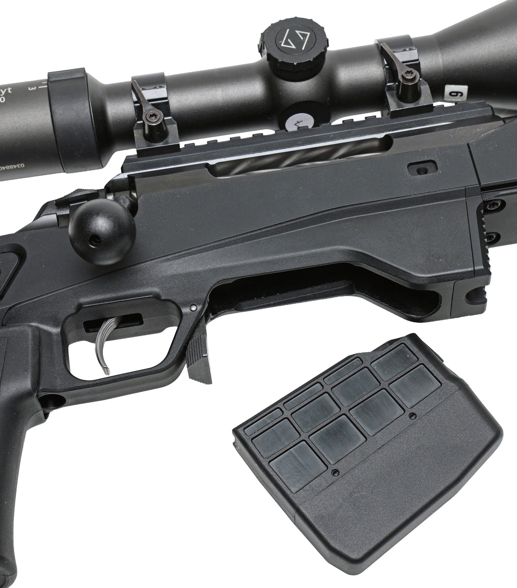 The magazine well of the Tikka T3x Ace Game with the five-shot polymer magazine removed